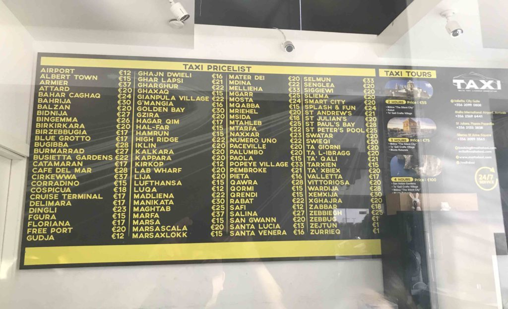 マルタ空港からのタクシー料金表